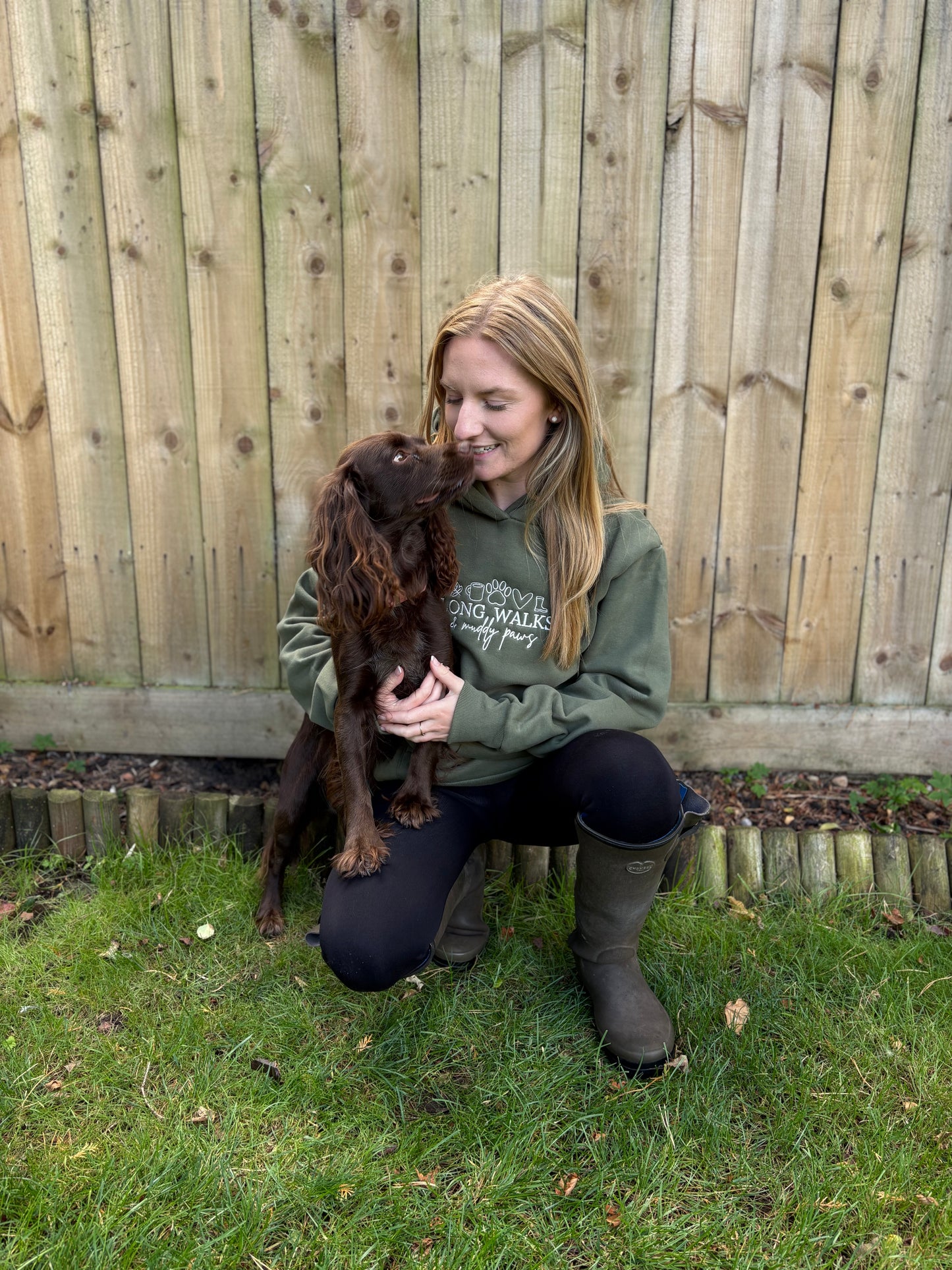 Hoodie Earthy Green Long Walks & Muddy Paws Embroidered