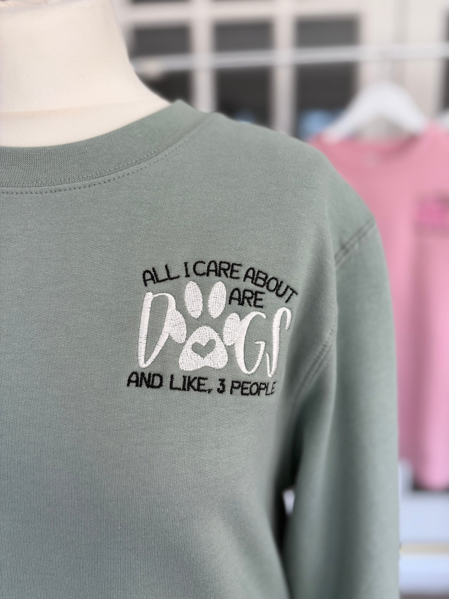 Dusty Green "All I Care About Are Dogs" Embroidered Jumper