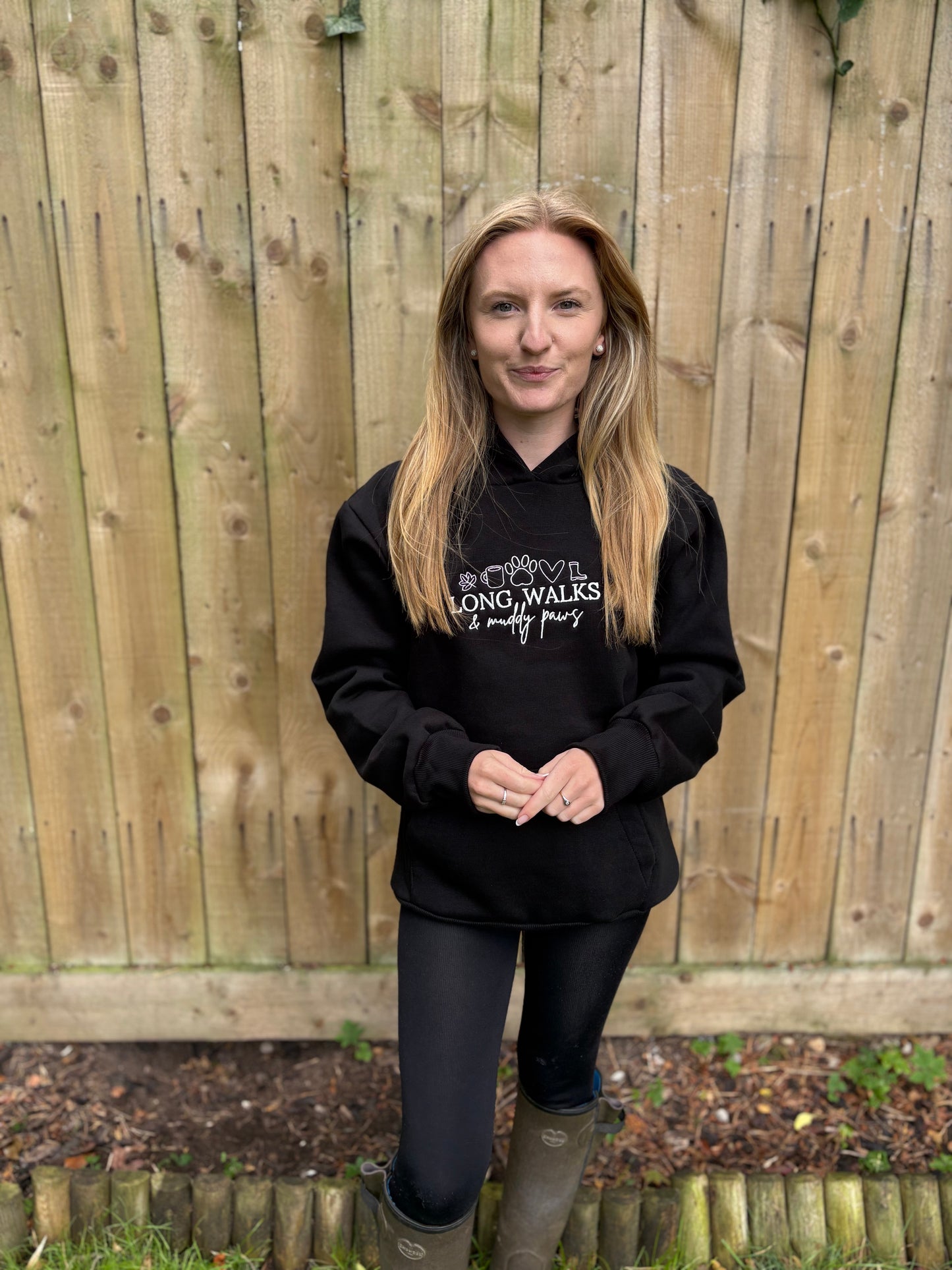 Hoodie Black Long Walks & Muddy Paws Embroidered