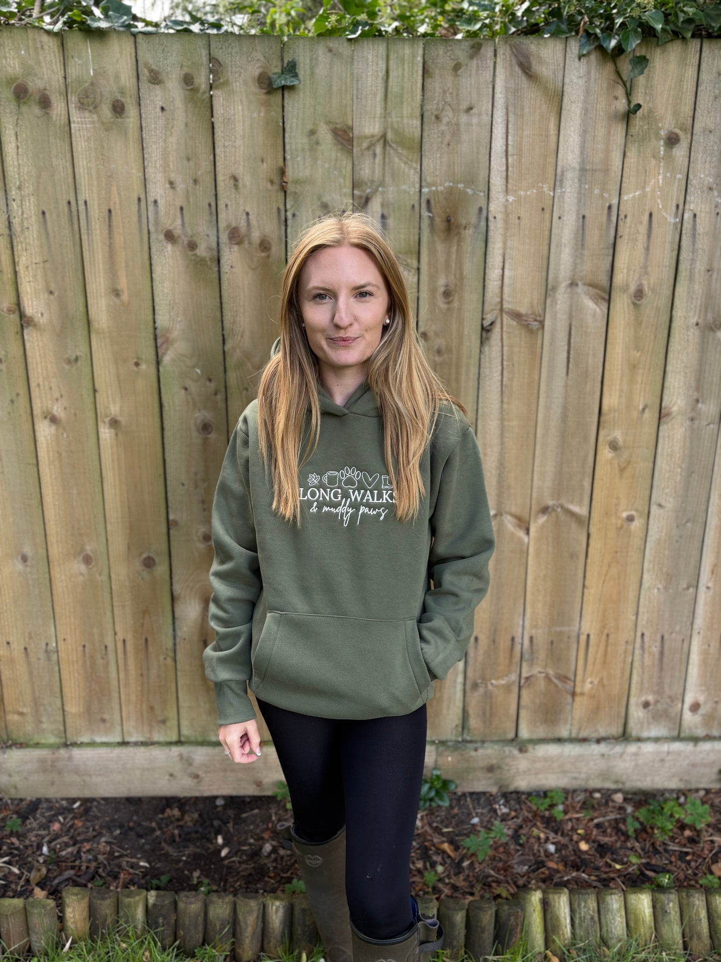 Hoodie Earthy Green Long Walks & Muddy Paws Embroidered