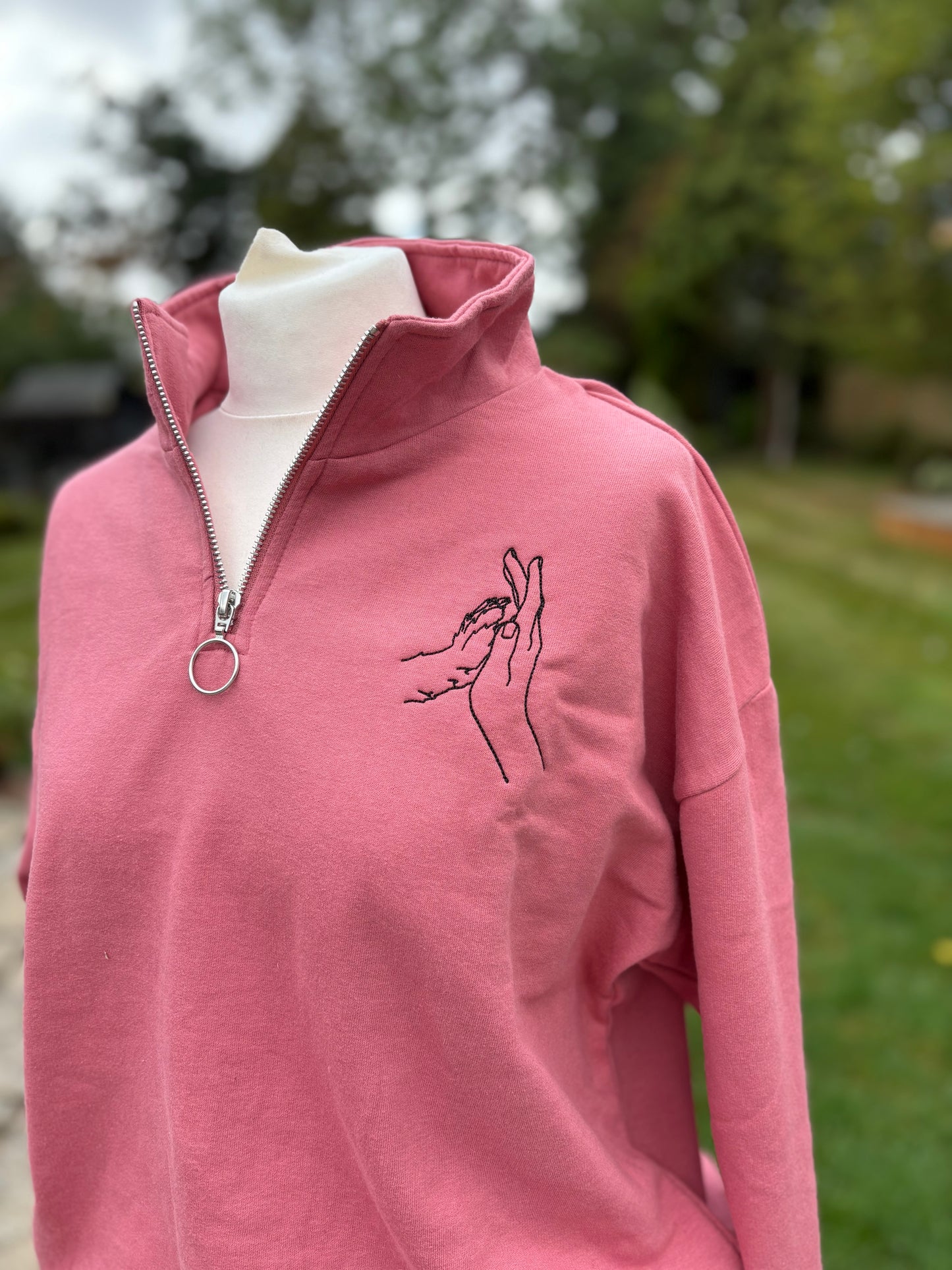 Dusty Pink Cropped 1/4 Zip Embroidered Jumper