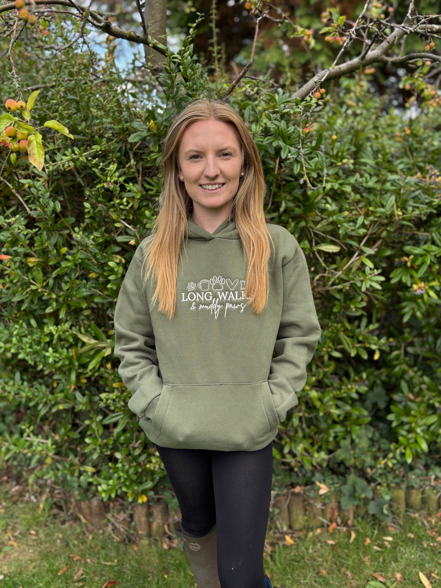 Hoodie Earthy Green Long Walks & Muddy Paws Embroidered