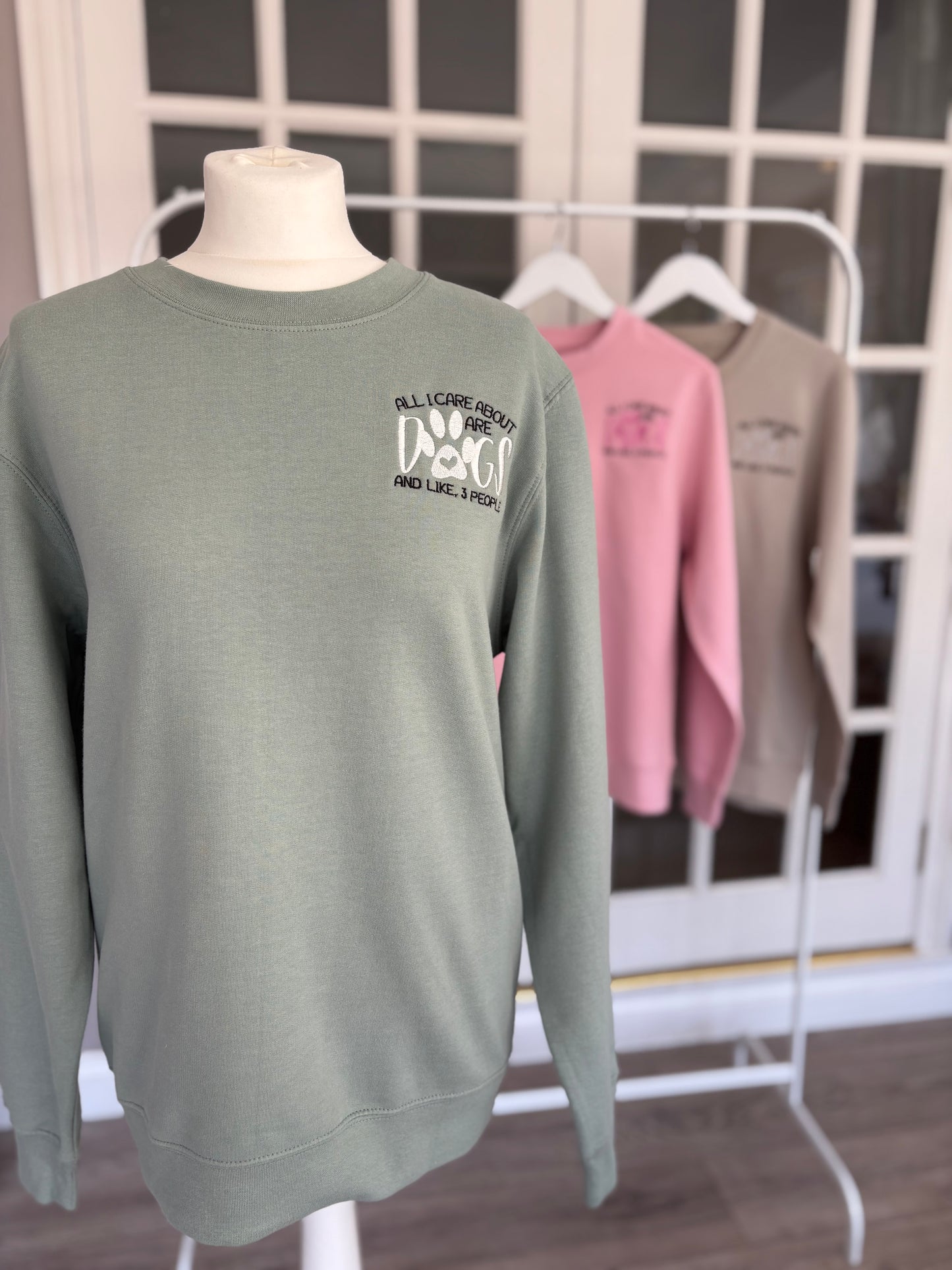 Dusty Green "All I Care About Are Dogs" Embroidered Jumper