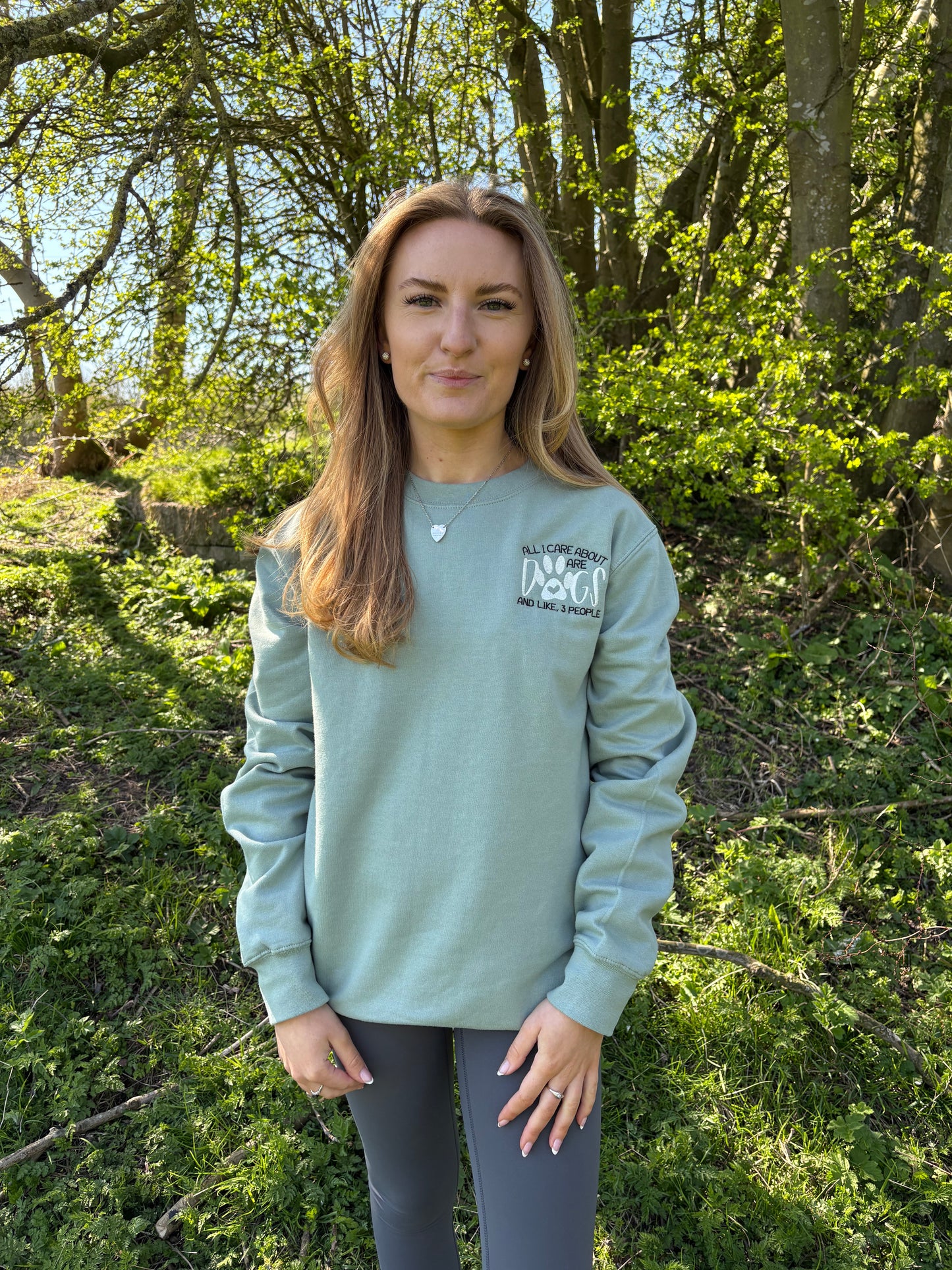 Dusty Green "All I Care About Are Dogs" Embroidered Jumper