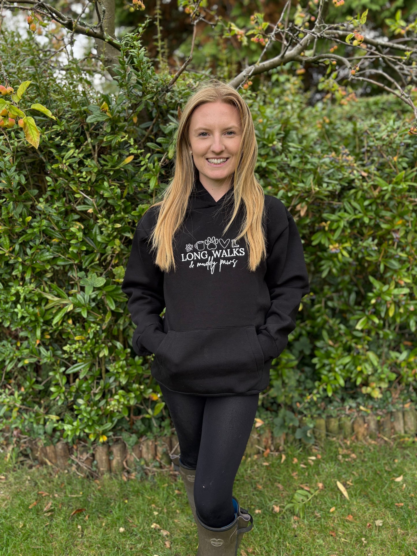 Hoodie Black Long Walks & Muddy Paws Embroidered