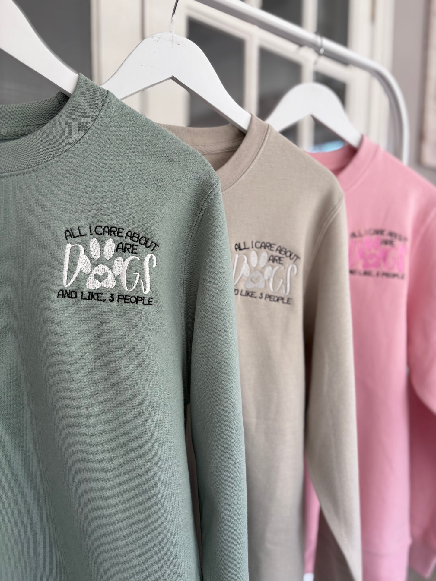 Dusty Green "All I Care About Are Dogs" Embroidered Jumper