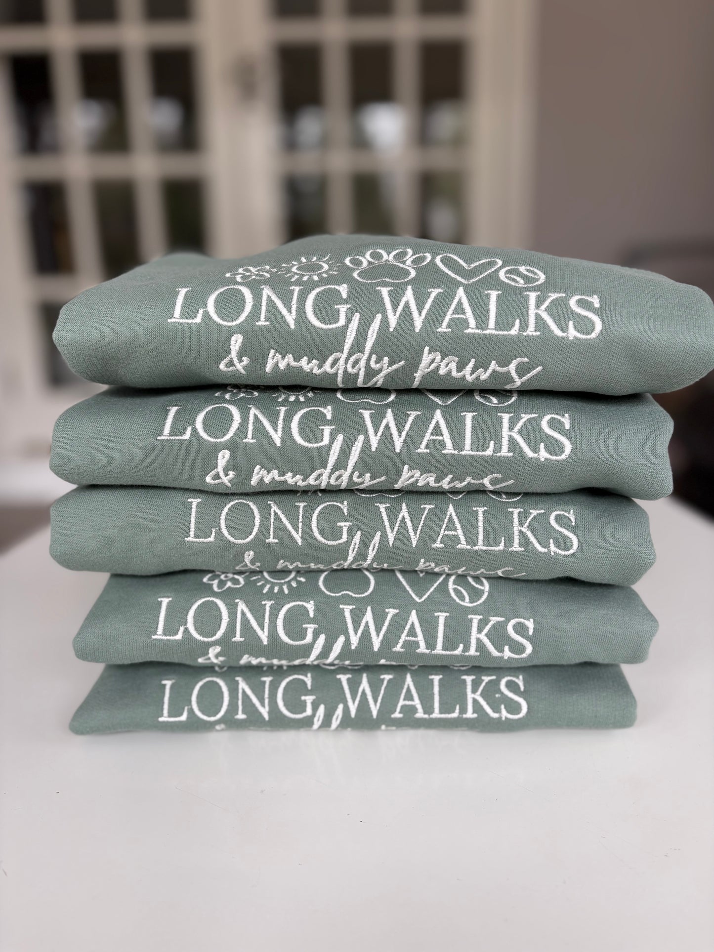 Dusty Green Long Walks & Muddy Paws Embroidered Jumper