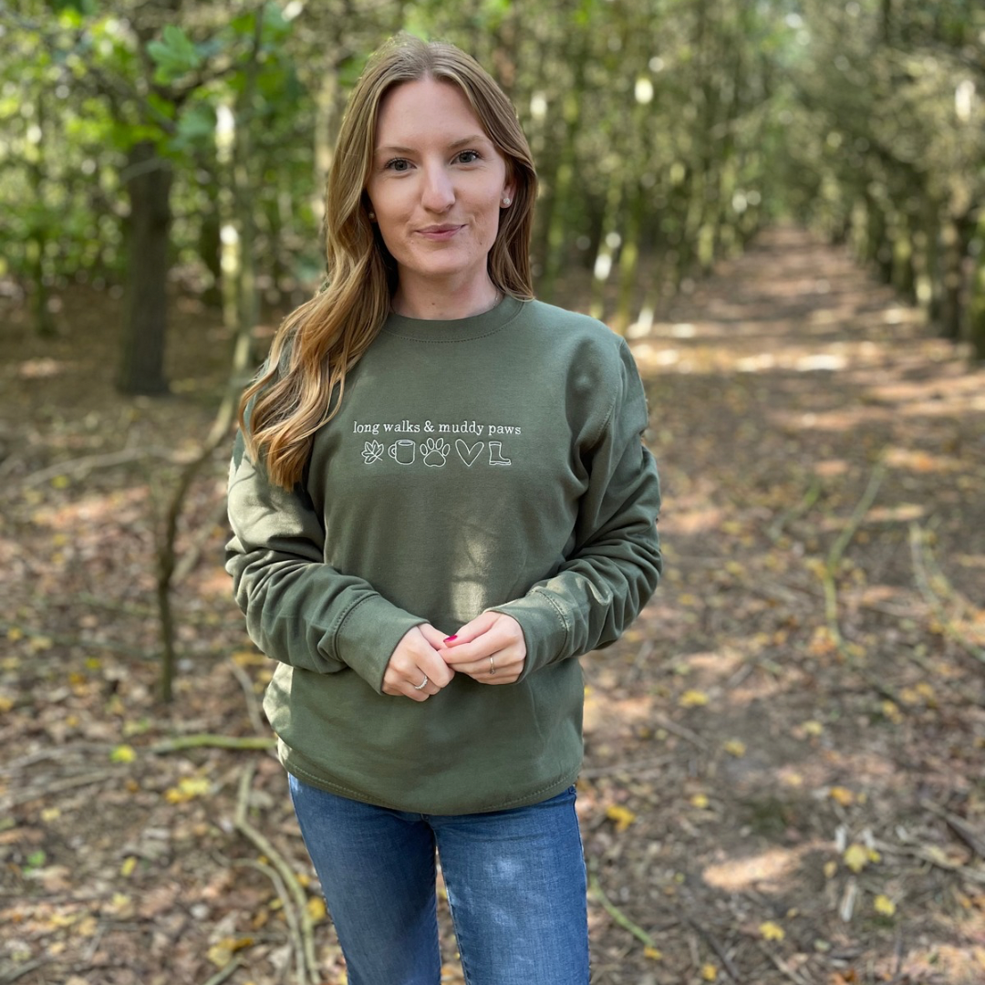 Earthy Green Long Walks & Muddy Paws Embroidered Jumper