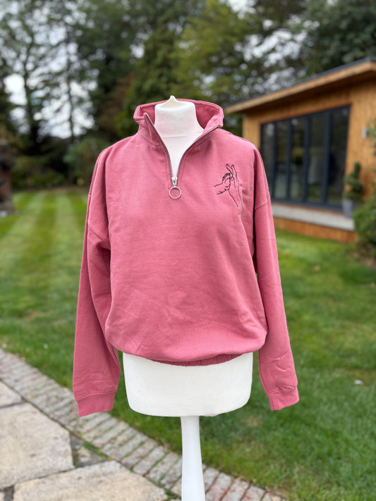 Dusty Pink Cropped 1/4 Zip Embroidered Jumper
