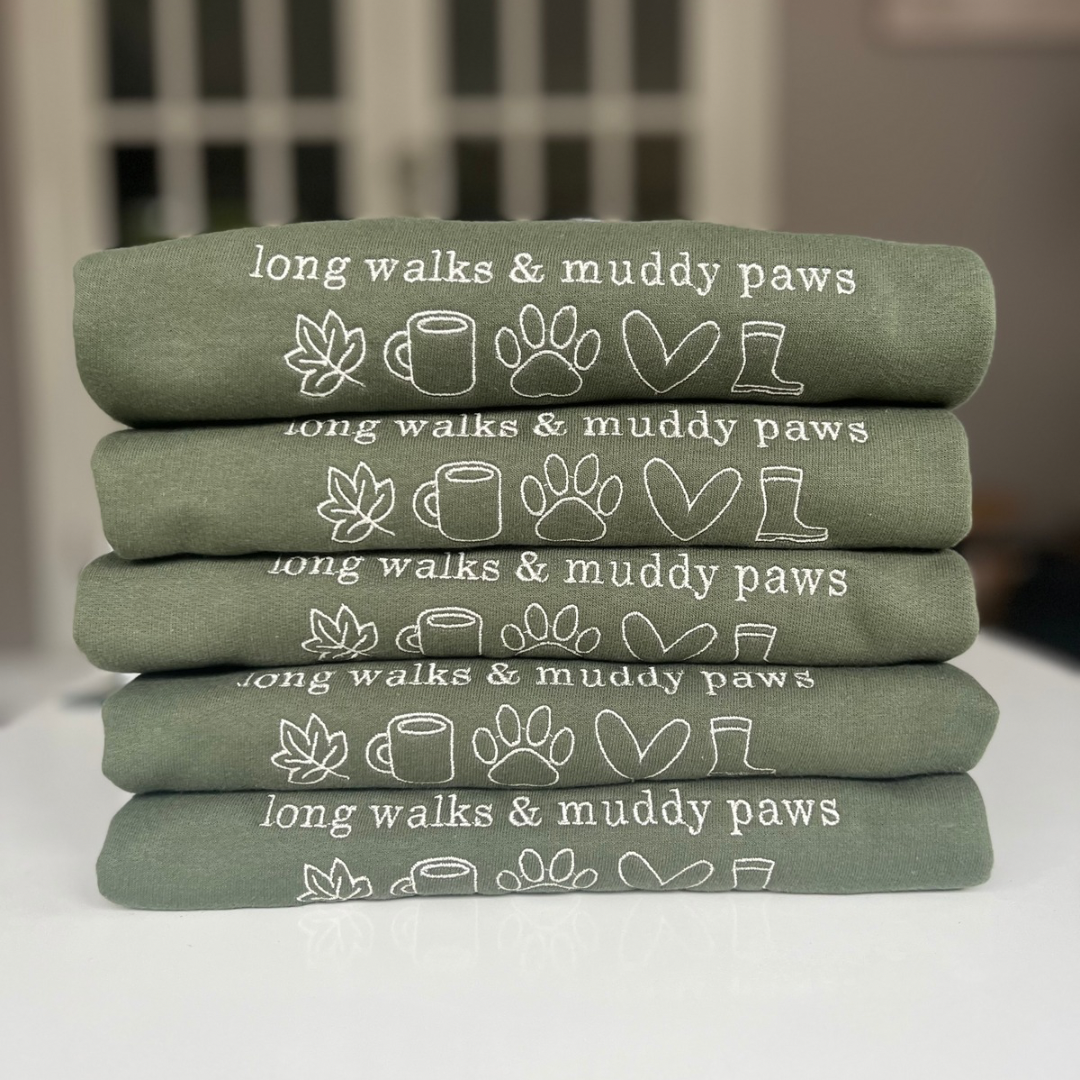 Earthy Green Long Walks & Muddy Paws Embroidered Jumper