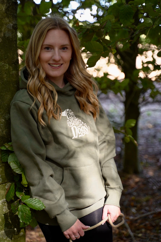 Embroidered Hoodie Earthy Green Life Is Better With Dogs