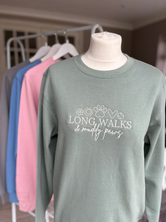 Dusty Green Long Walks & Muddy Paws Embroidered Jumper
