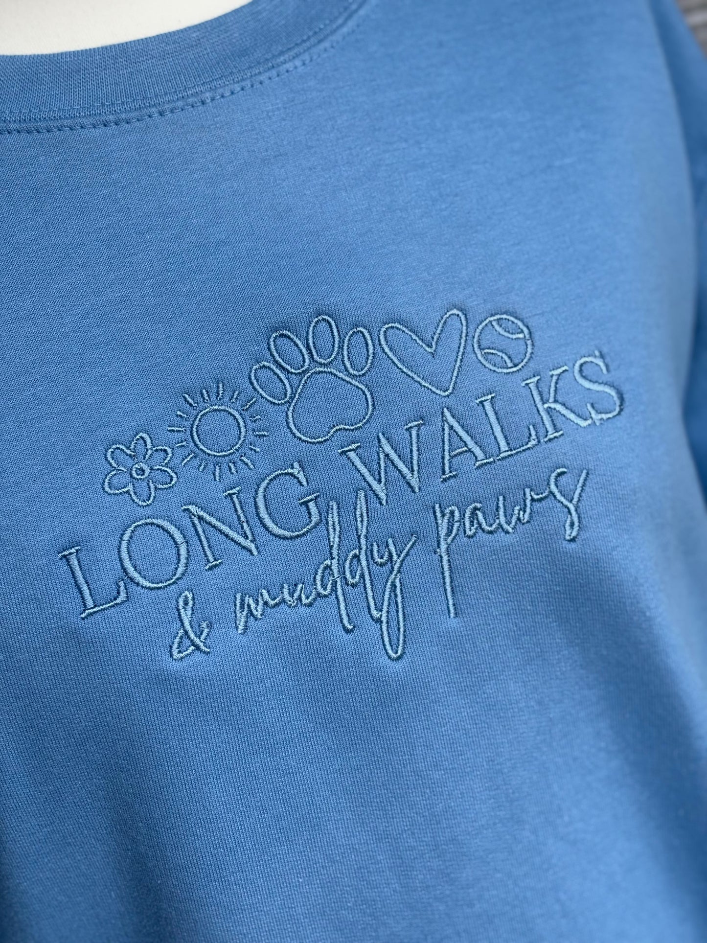 Cornflower Blue Long Walks & Muddy Paws Embroidered Jumper