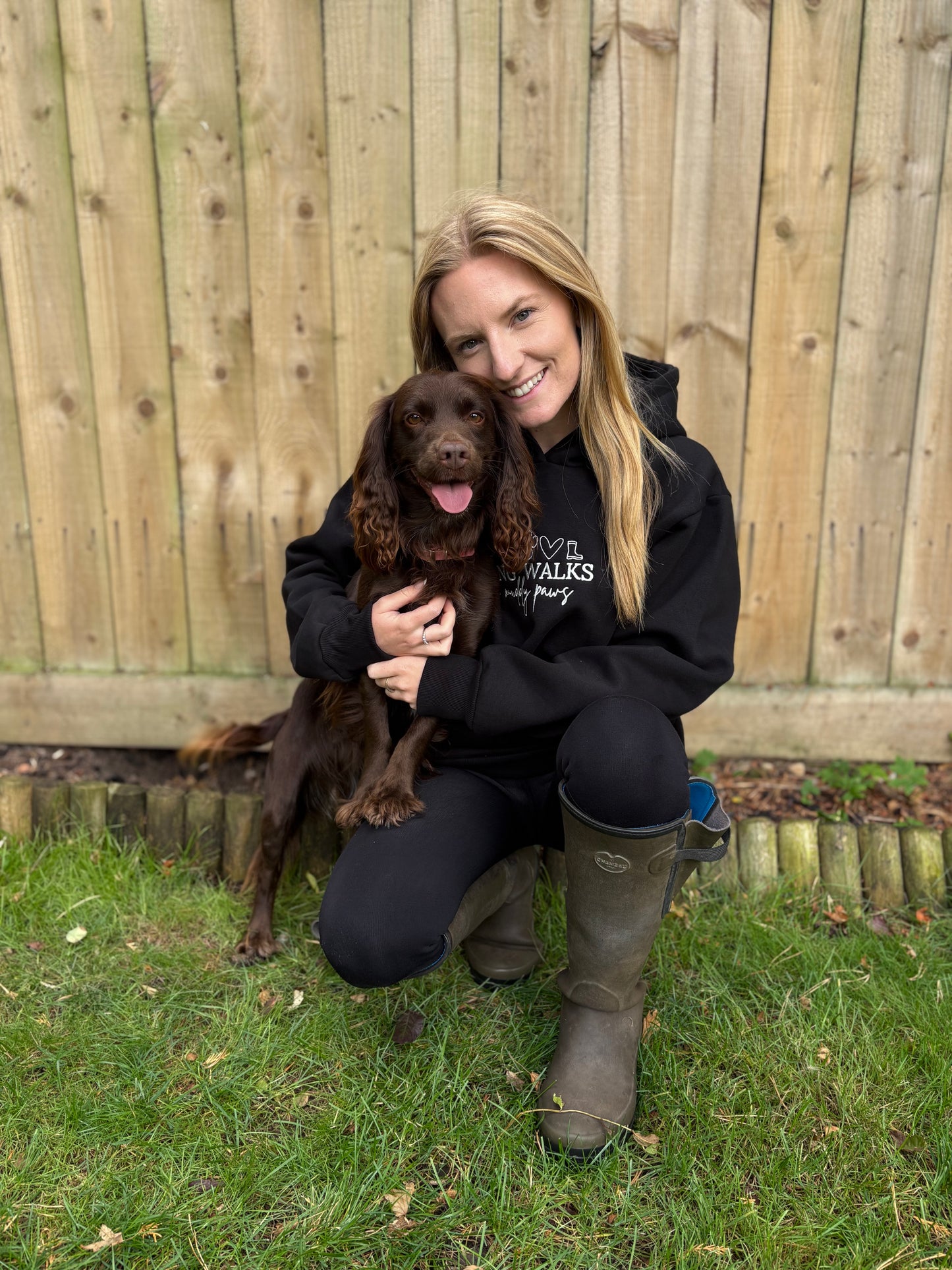 Hoodie Black Long Walks & Muddy Paws Embroidered