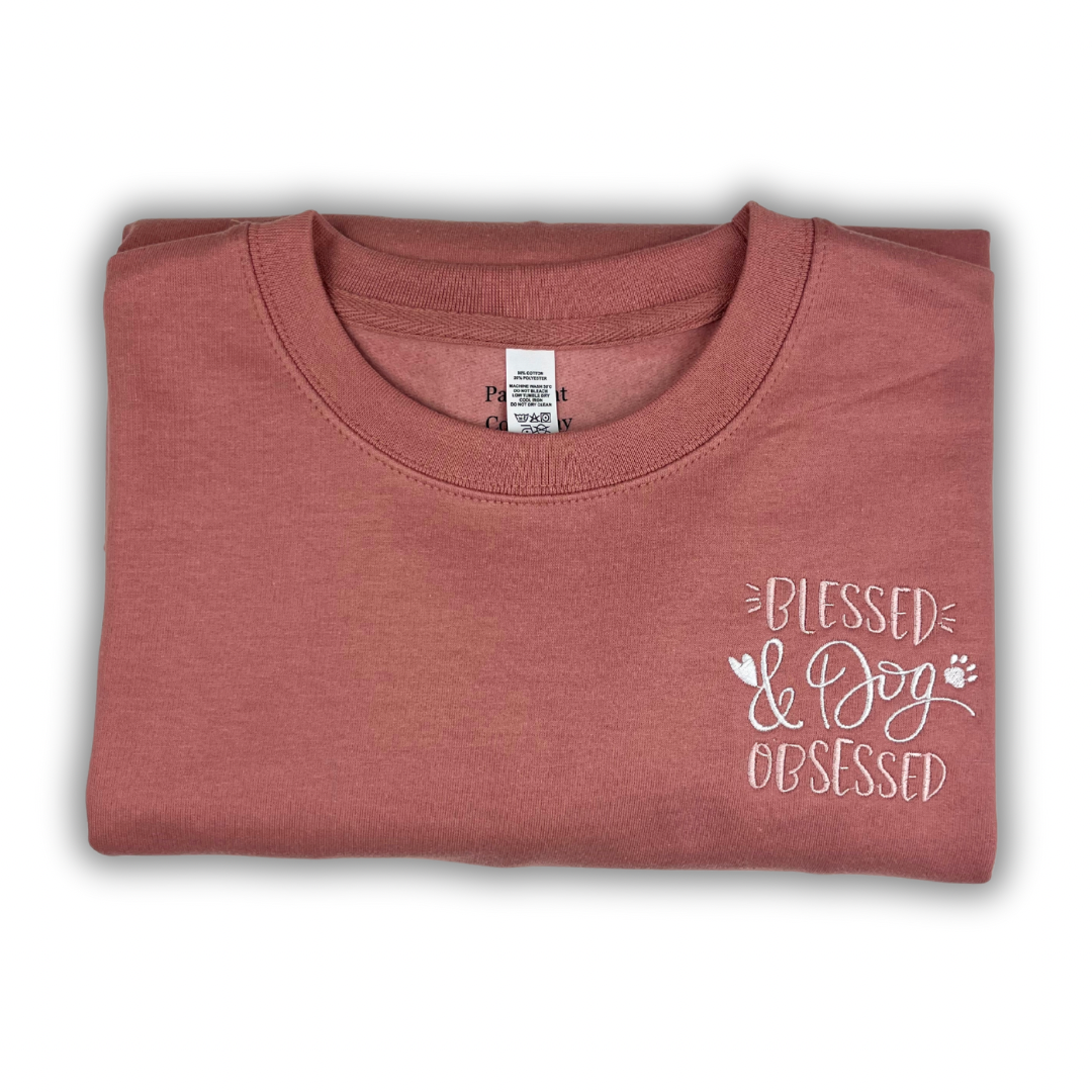 Dusty Pink Blessed & Dog Obsessed Embroidered Jumper