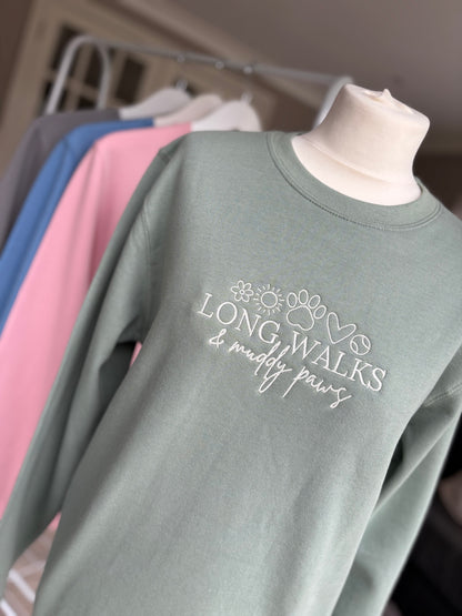 Dusty Green Long Walks & Muddy Paws Embroidered Jumper