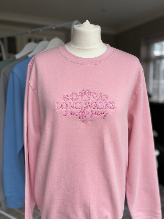 Baby Pink Long Walks & Muddy Paws Embroidered Jumper