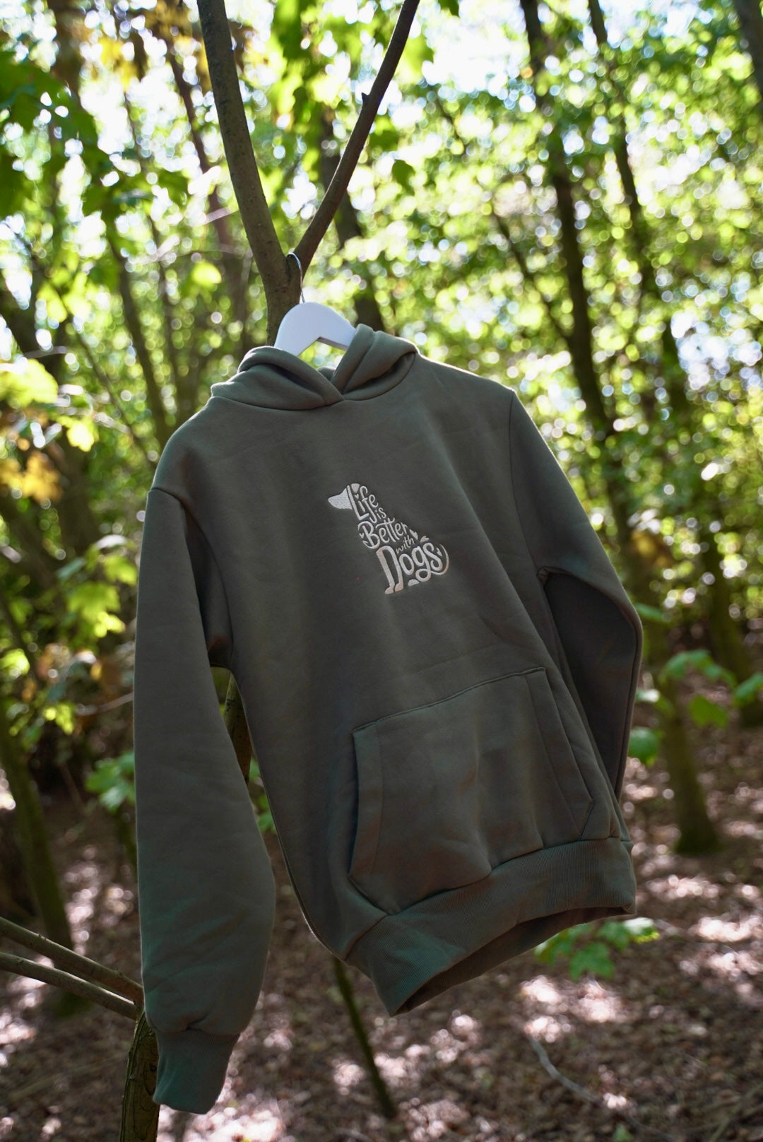 Embroidered Hoodie Earthy Green Life Is Better With Dogs
