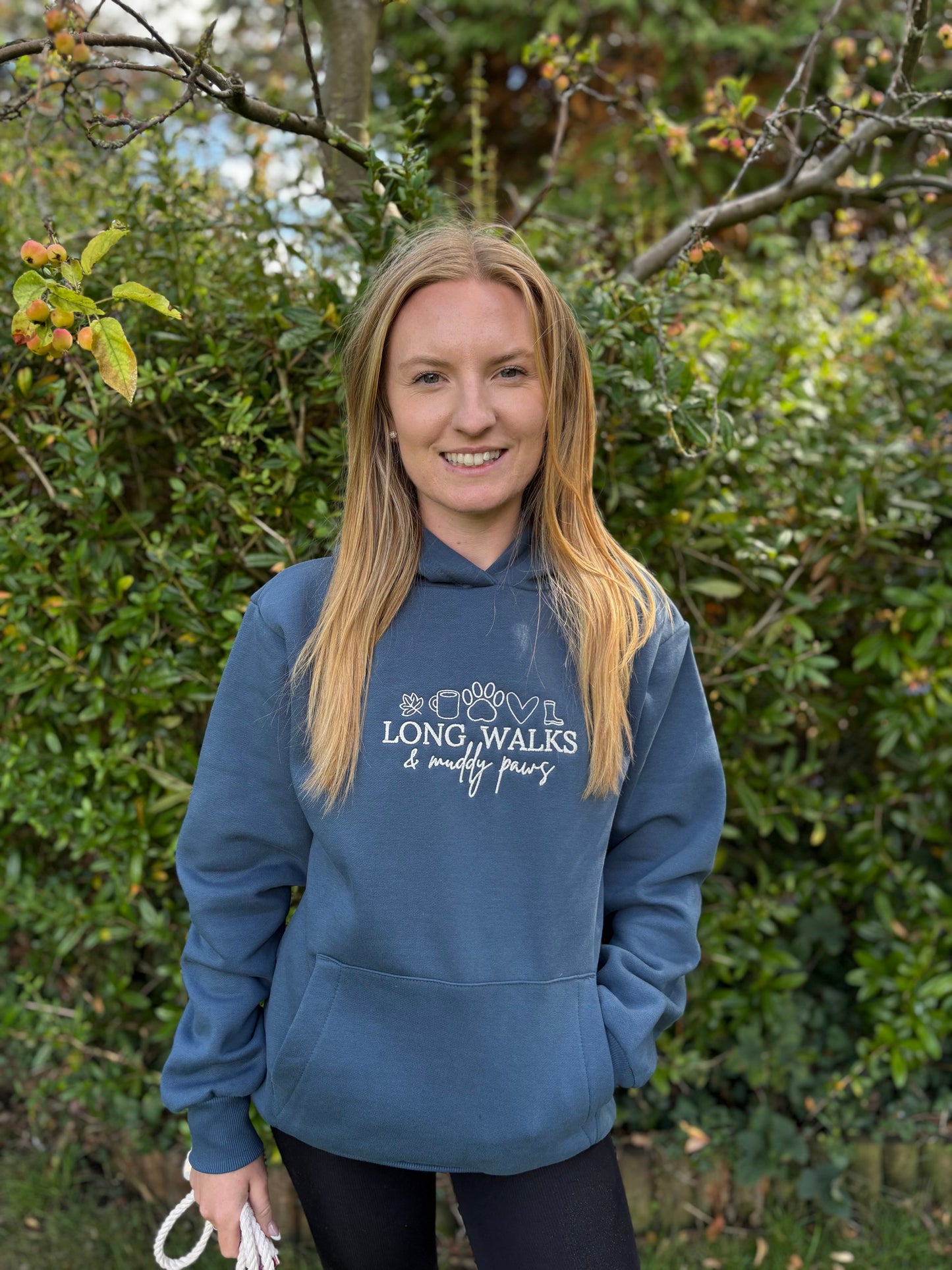 Hoodie Airforce Blue Long Walks & Muddy Paws Embroidered