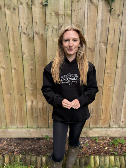 Hoodie Black Long Walks & Muddy Paws Embroidered