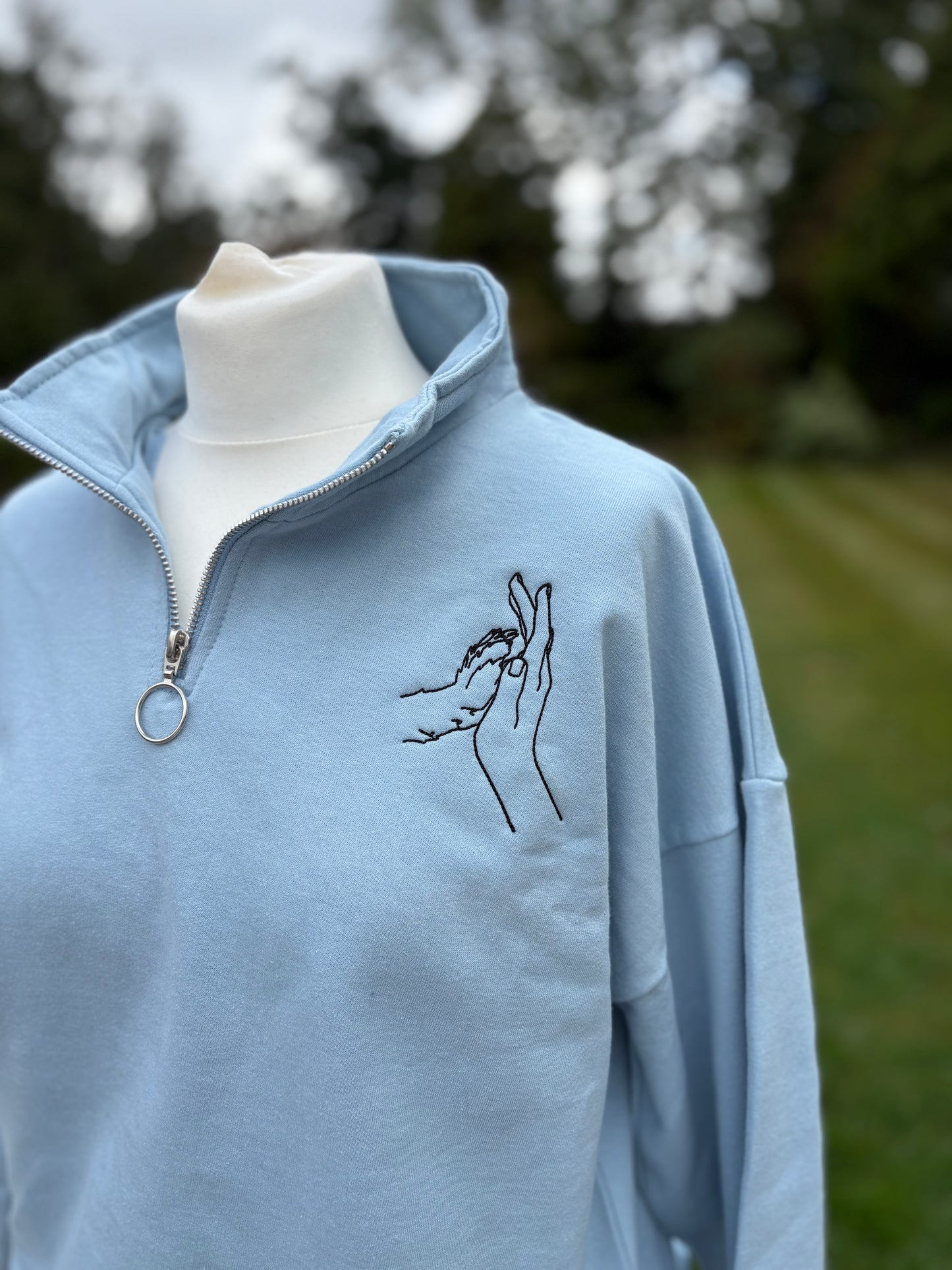 Sky Blue Cropped 1/4 Zip Embroidered Jumper