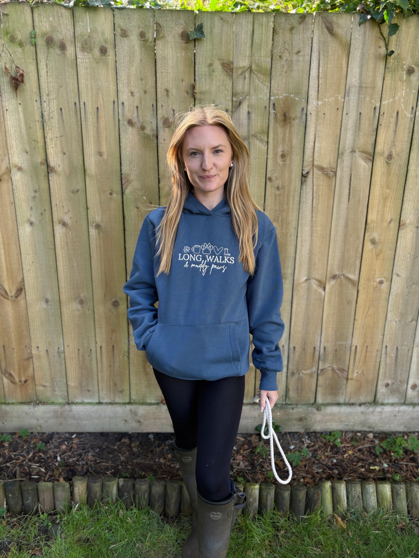 Hoodie Airforce Blue Long Walks & Muddy Paws Embroidered