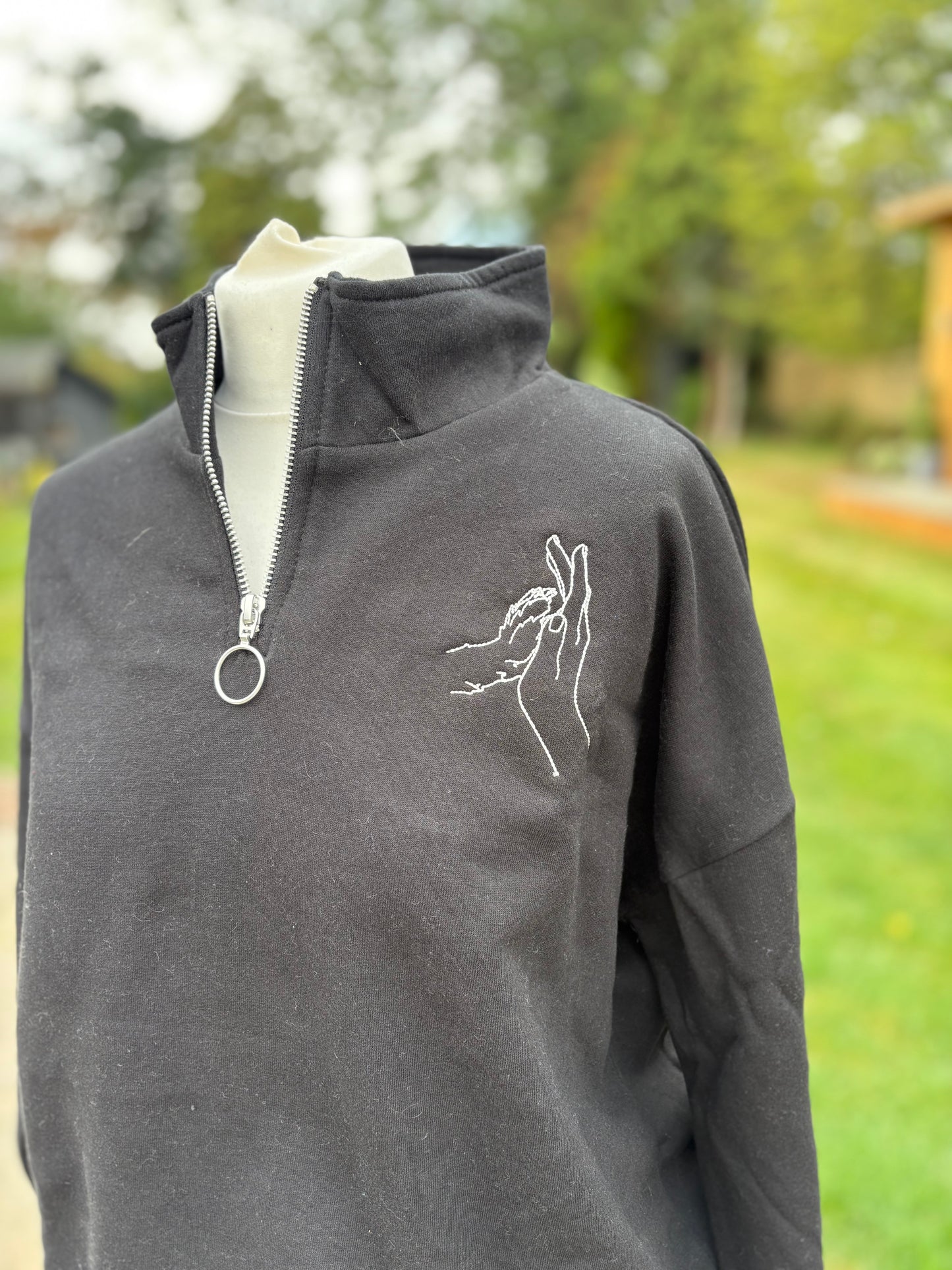 Black Cropped 1/4 Zip Embroidered Jumper