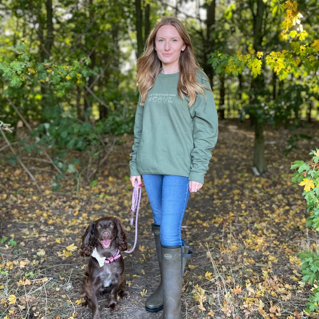 Earthy Green Long Walks & Muddy Paws Embroidered Jumper