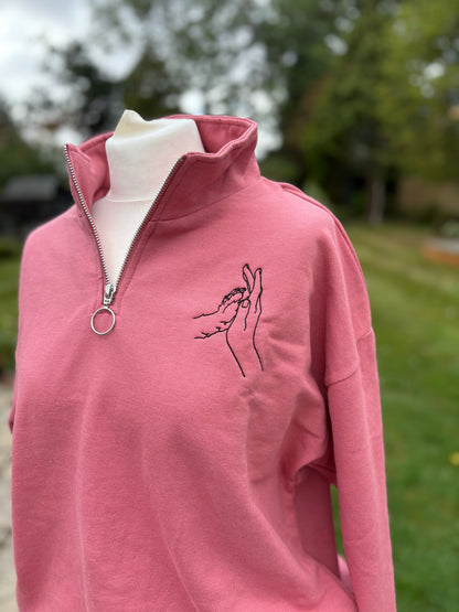 Dusty Pink Cropped 1/4 Zip Embroidered Jumper