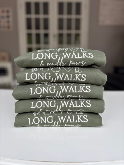 Earthy Green Long Walks & Muddy Paws Embroidered Jumper