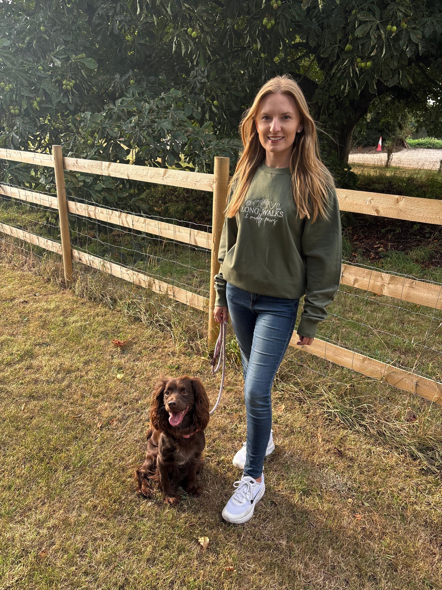 Earthy Green Long Walks & Muddy Paws Embroidered Jumper