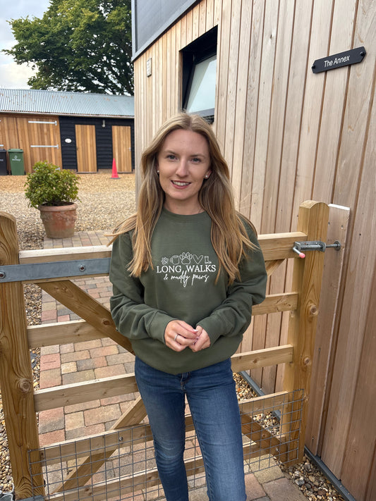 Earthy Green Long Walks & Muddy Paws Embroidered Jumper