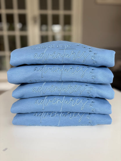 Cornflower Blue Life is for Adventures & Making Memories Embroidered Jumper