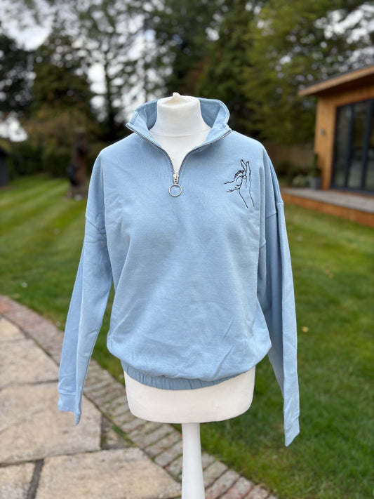 Sky Blue Cropped 1/4 Zip Embroidered Jumper