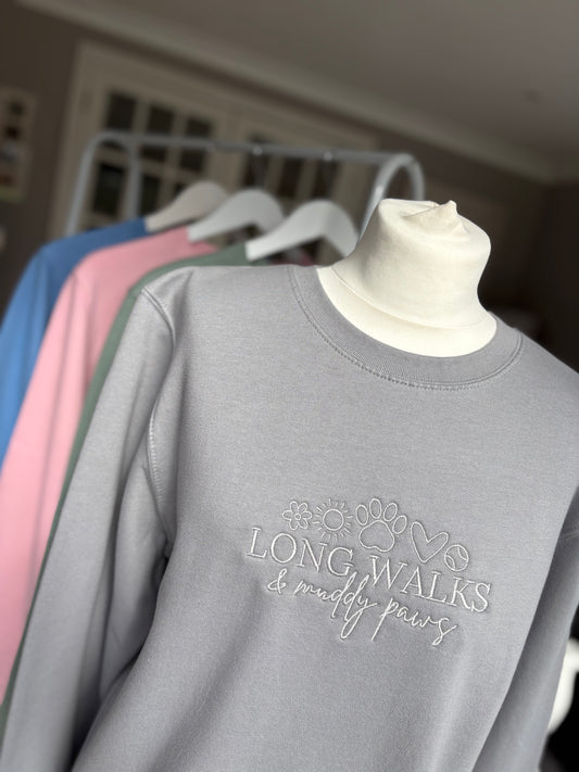 Platinum Grey Long Walks & Muddy Paws Embroidered Jumper