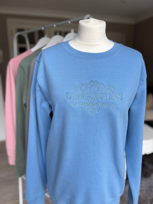 Cornflower Blue Long Walks & Muddy Paws Embroidered Jumper