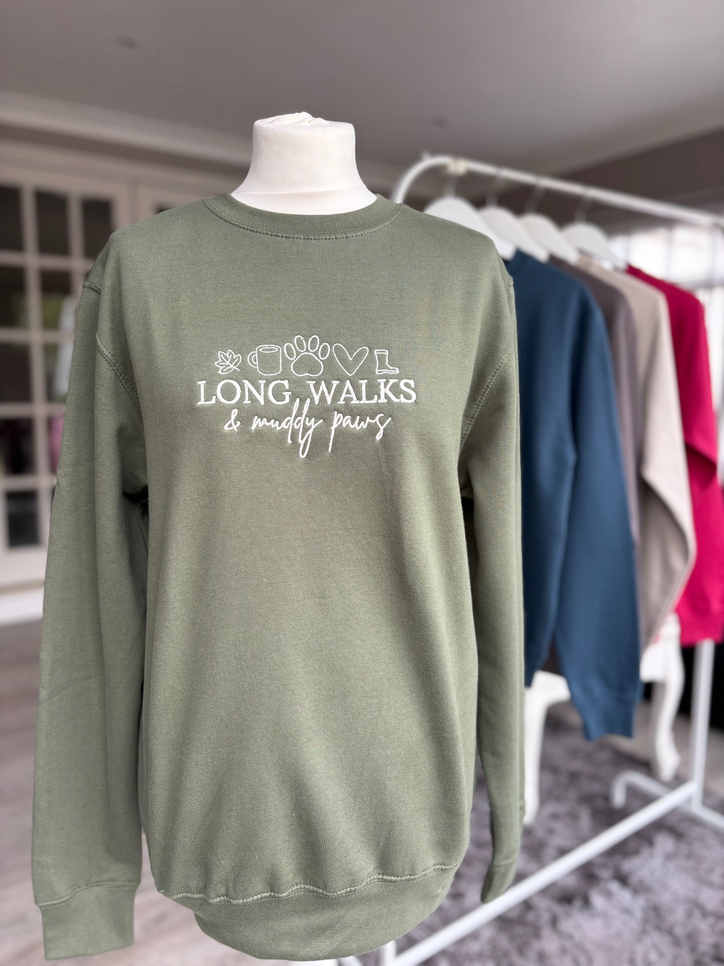 Earthy Green Long Walks & Muddy Paws Embroidered Jumper