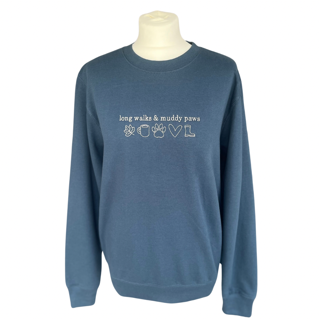 Airforce Blue Long Walks & Muddy Paws Embroidered Jumper