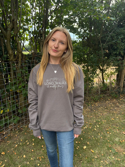 Steel Grey Long Walks & Muddy Paws Embroidered Jumper