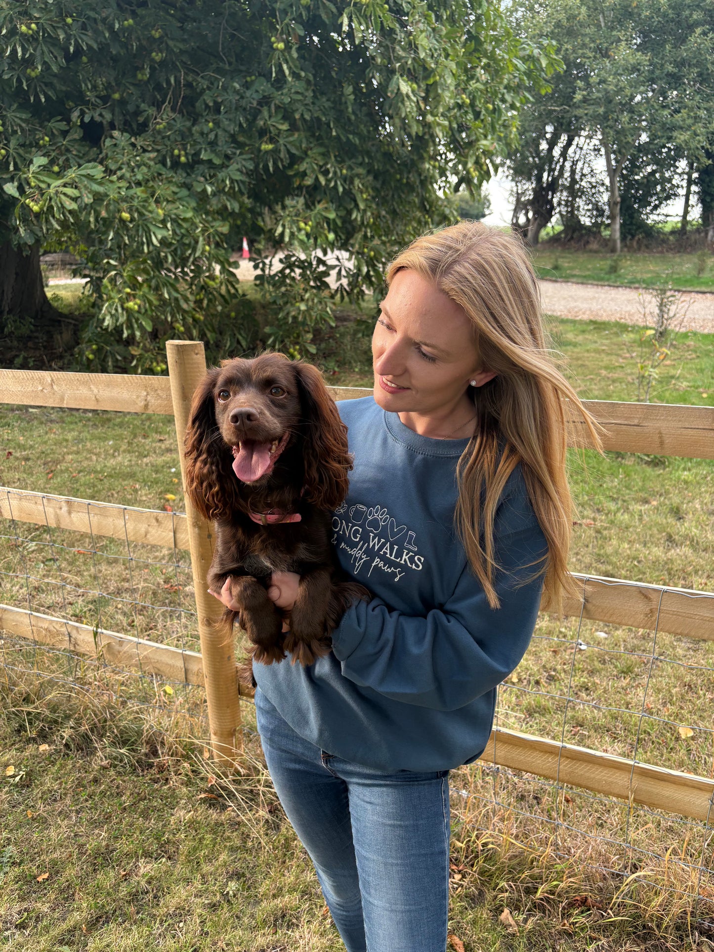 Airforce Blue Long Walks & Muddy Paws Embroidered Jumper