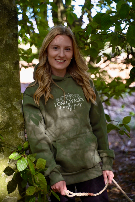 Embroidered Hoodie Earthy Green Long Walks & Muddy Paws